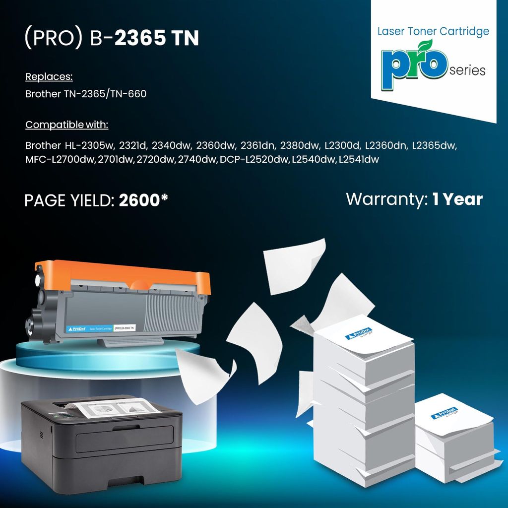 ProDot (PRO B-2365 TN Laser Toner Cartridge for Brother TN-2365/TN-660 Compatible with Brother HL-2305w, 2321d, 2340dw, 2360dw, L2365dw, 2701dw, 2720dw, DCP-L2520dw, L2540dw, L2541dw view 2
