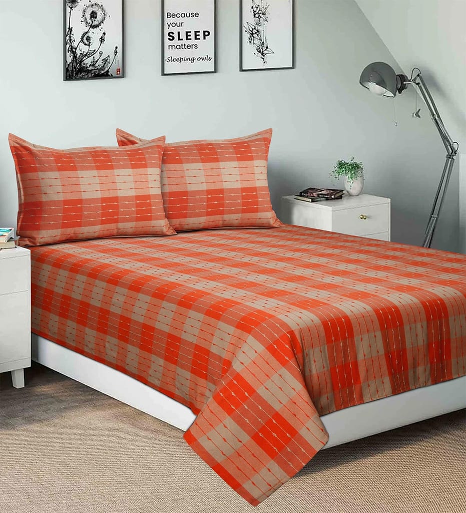AIRWILL, 200GSM Handloom Cotton Double Bedsheet with 2 Pillow Covers, Beast Dobby Designed Orange and Beige - Pack of 3 pcs view 2