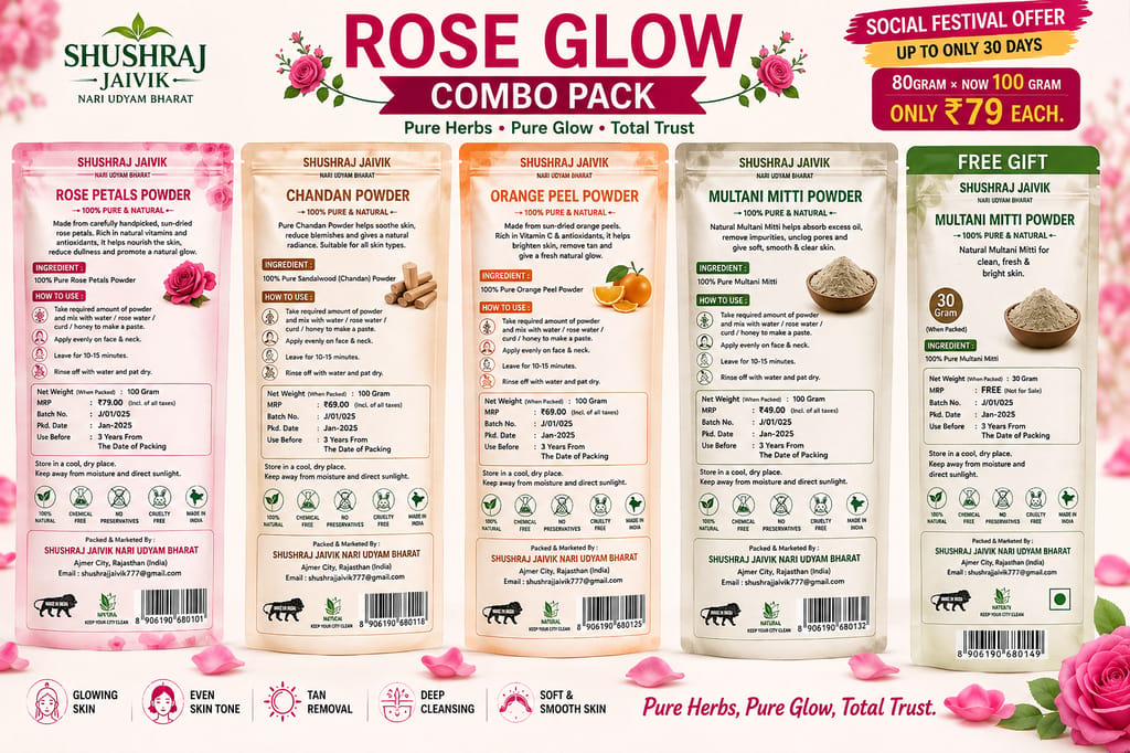 SHUSHRAJ JAIVIK Rose Glow Combo Pack | Rose Petals, Chandan, Orange Peel & Multani Mitti Powder | 100g Each + Free 30g Gift | Natural Herbal Face Pack view 2