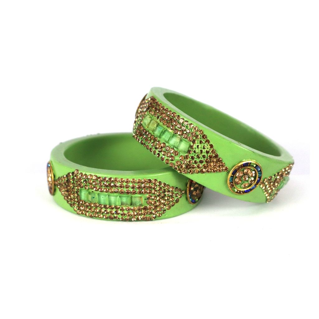 FHS Crystal Work Rajasthani Lac Bangles - Parrot Green view 2