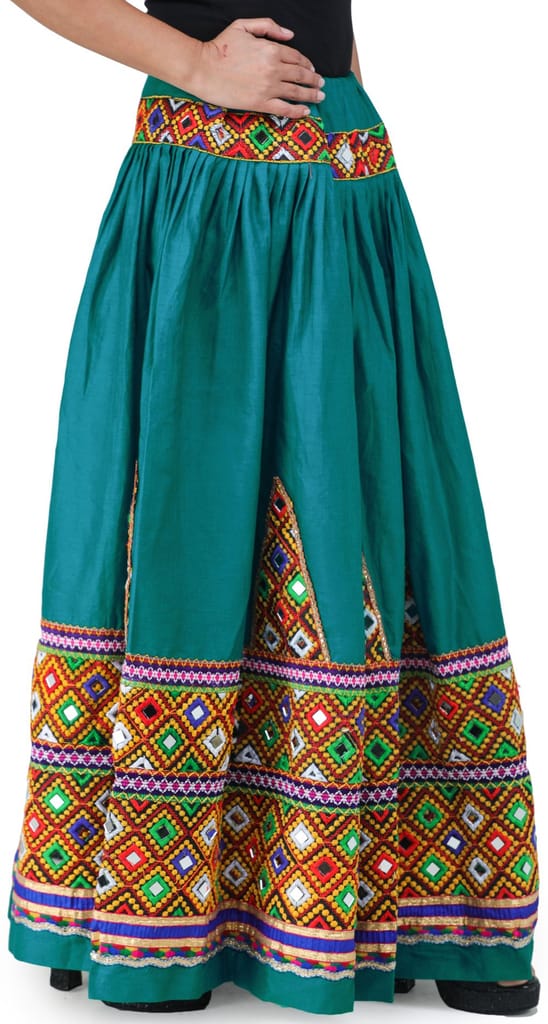 Fanfare Ghagra Skirt from Kutch with Multicolor Thread Embroidered Patch Border and Mirrors view 2