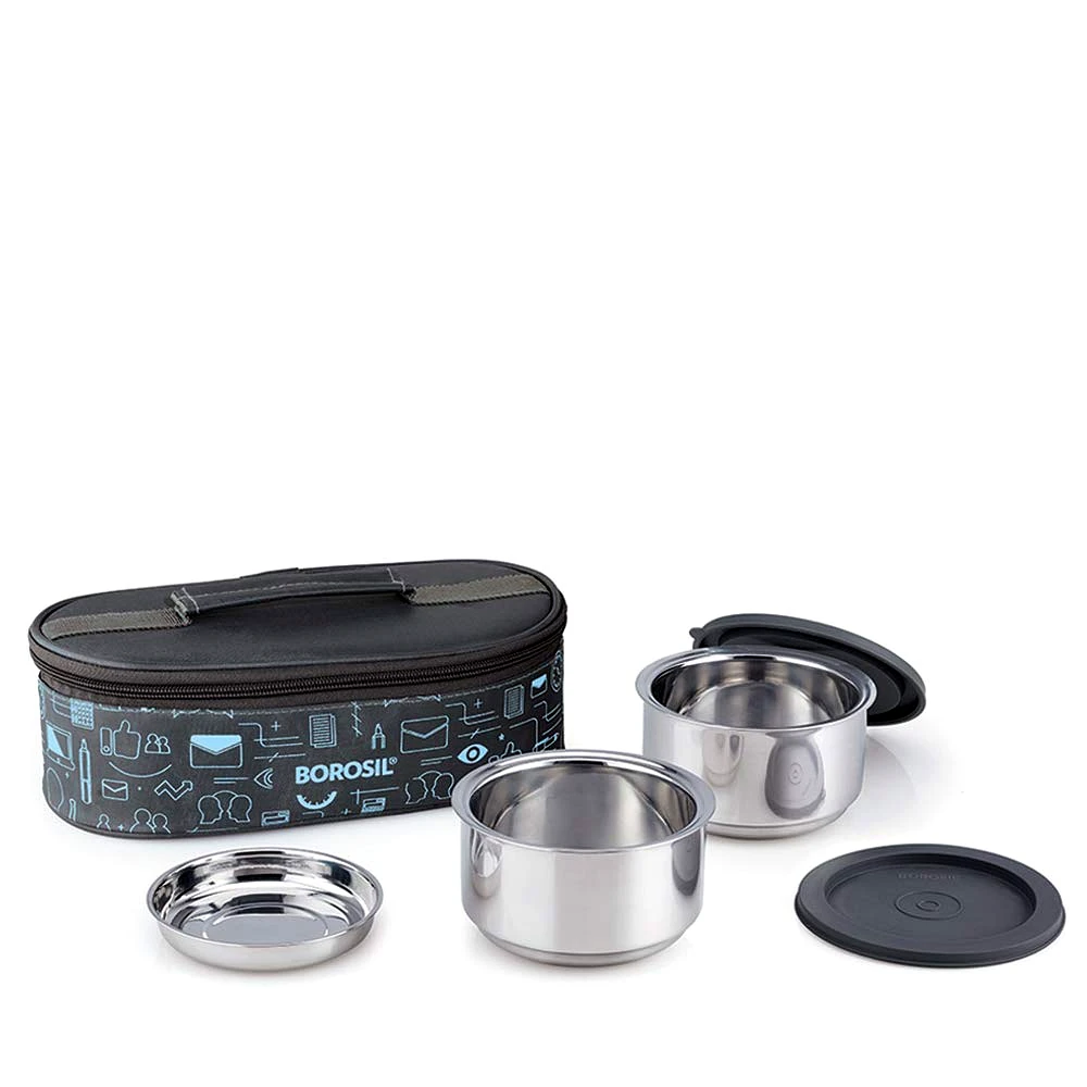 Borosil Carry Fresh Stainless Steel Insulated Lunch Box Set of 2, 280 ml Horizontal by Mahavir Home Store view 2