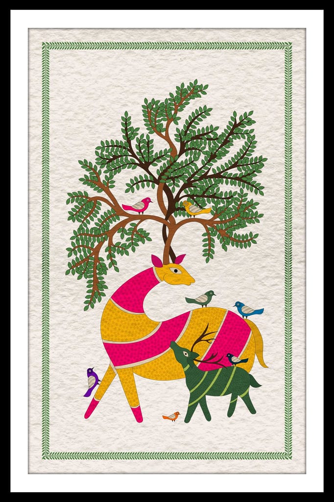 WARLI DEER WALLART 16in X 24in WITH BLACK FRAME view 2