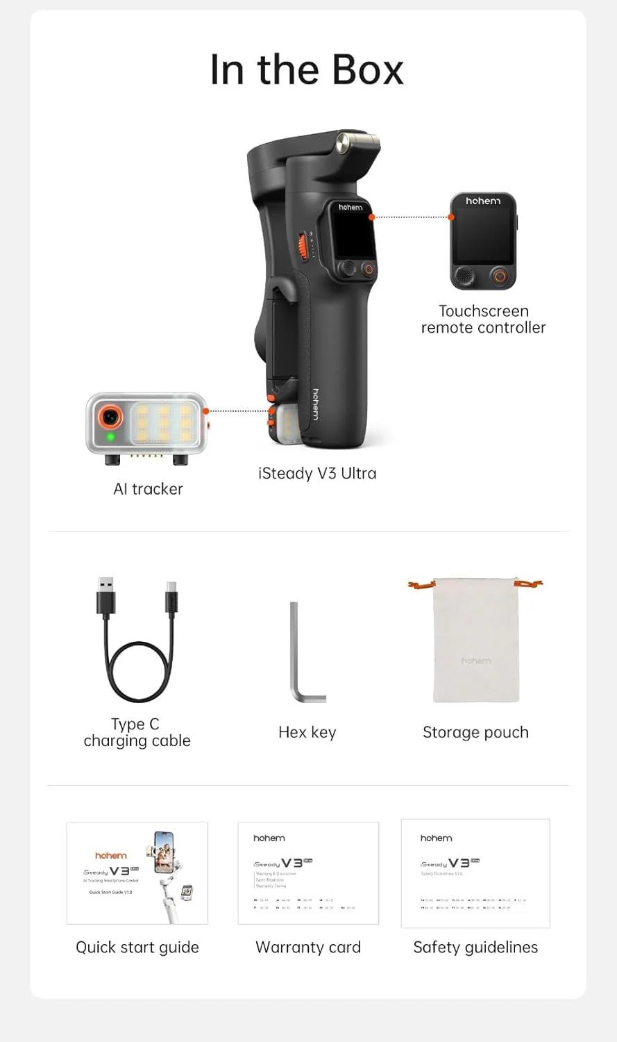 Hohem V3 Ultra - Smart Phone Gimbal with AI Tracking, Fill Light, Detachable Remote and Built-in Extendable Rod & Tripod (Black) view 2