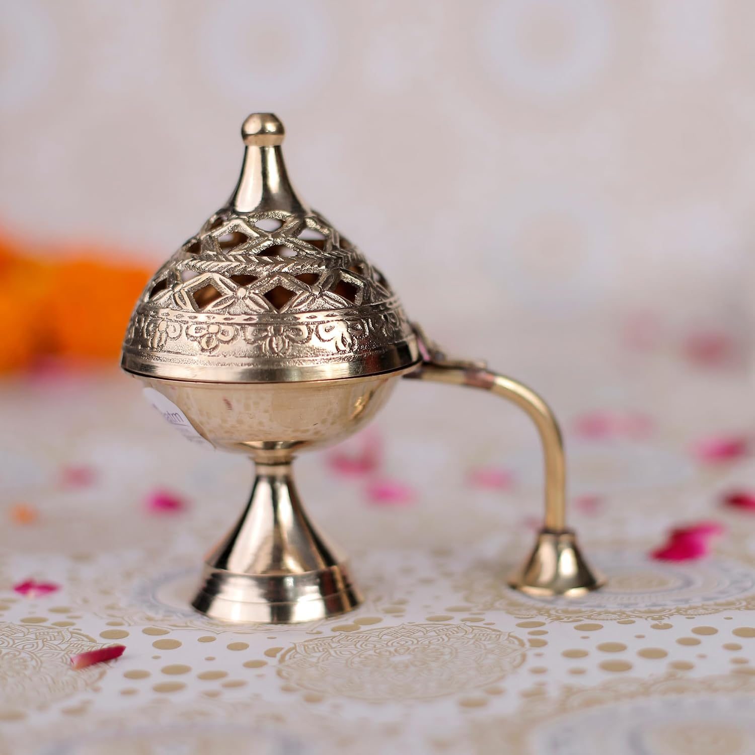 Aatm Pure Brass Dhuna Loban Burner - Traditional Round Dhoop Dani with Handle, 5 Inch - Incense Holder for Loban, Dhooni and Bakhoor - For Puja Use view 2