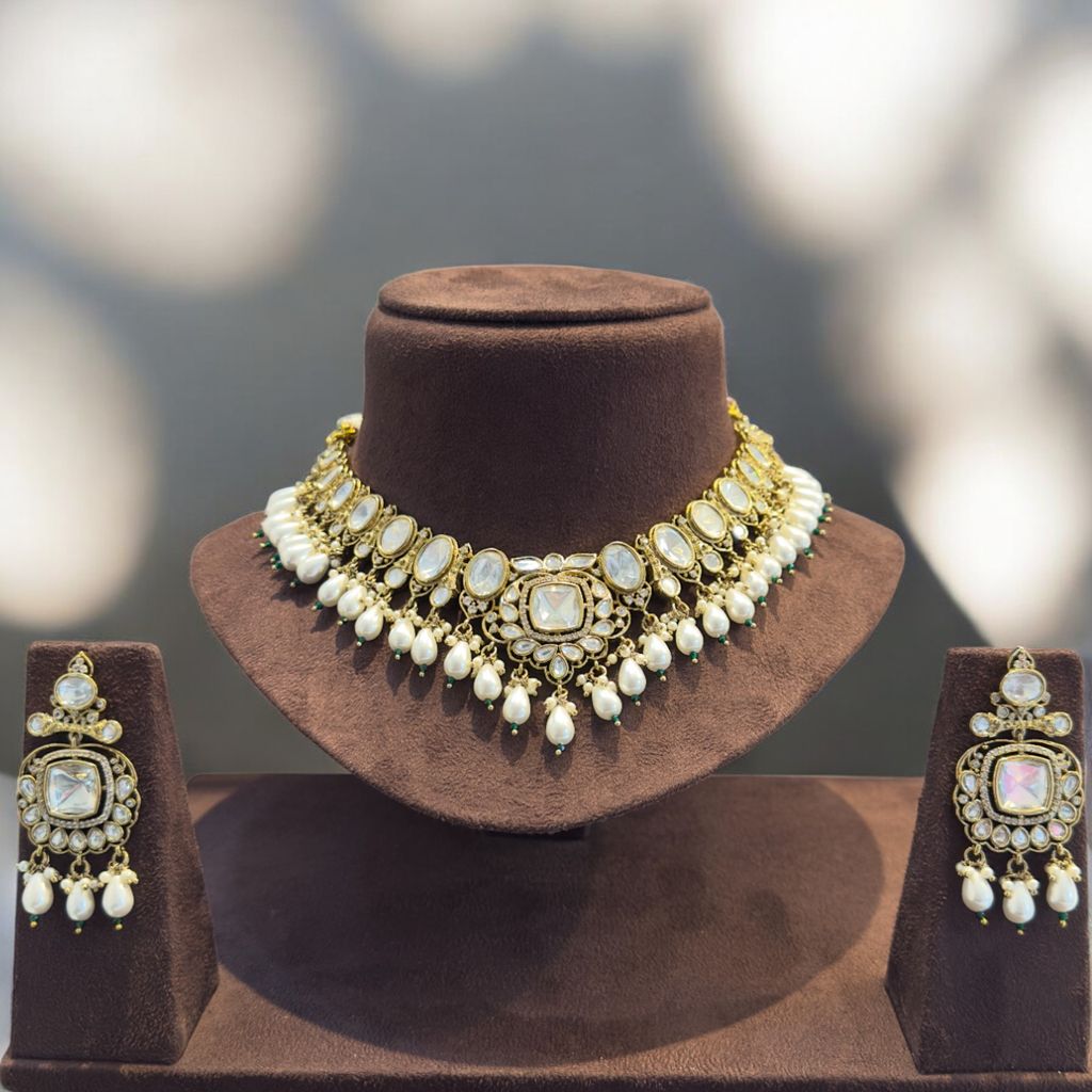 Pearl and Kundan Choker Necklace Set By Dia Art Jewels view 2