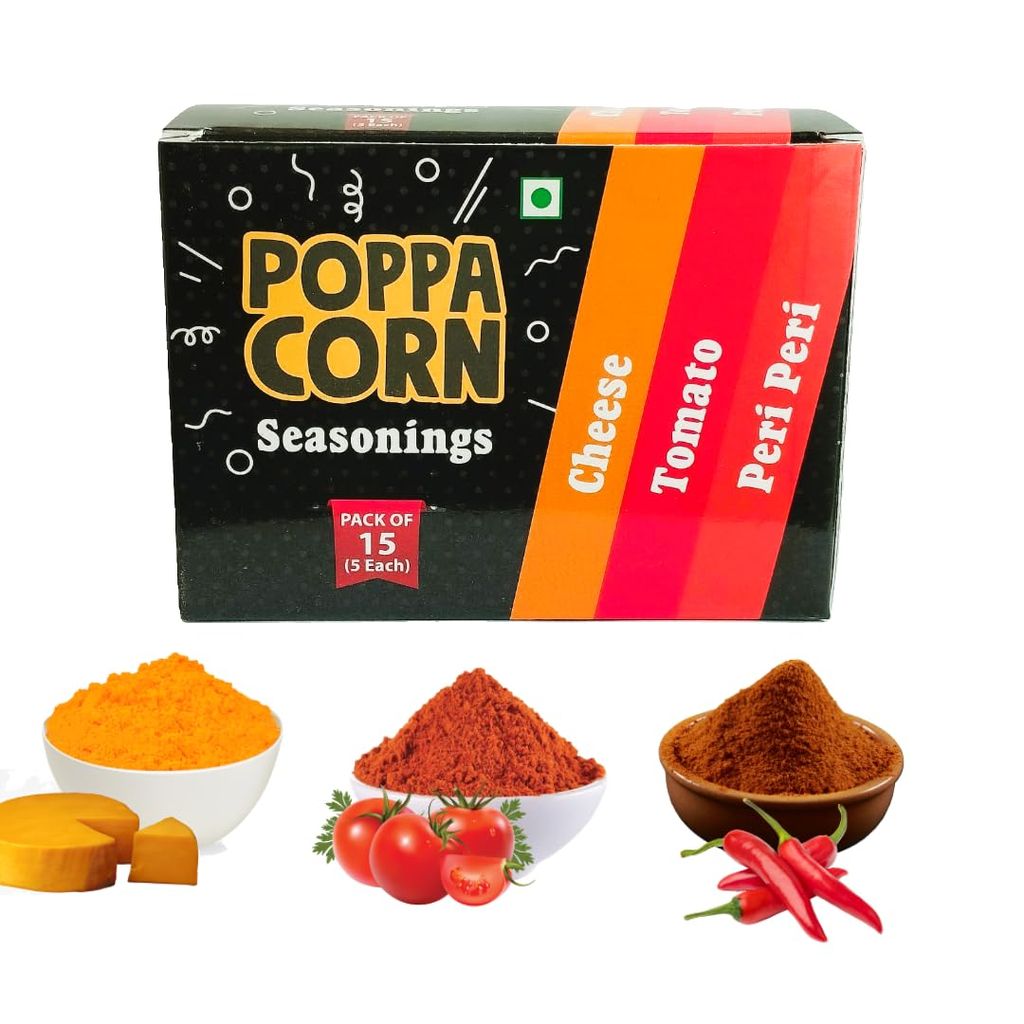 POPPACORN Seasoning Mix Pack, Cheese, Tomato, Peri Peri Flavours, 15 Sachets (5 Pouches Each)