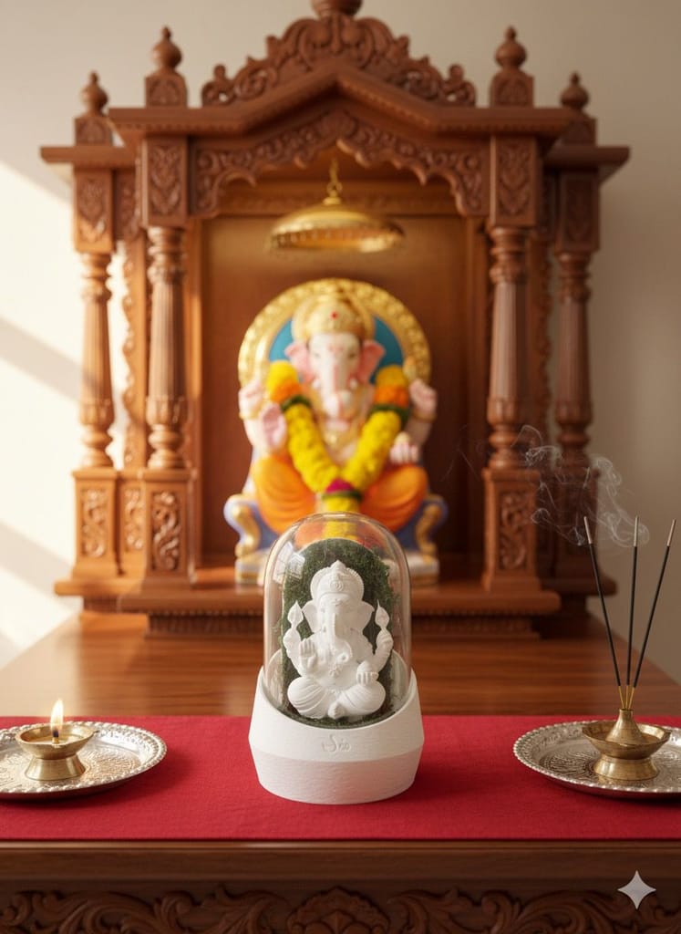 White Lord Ganesha Idol with Moss Terrarium Cloche Decorative Showpiece view 2