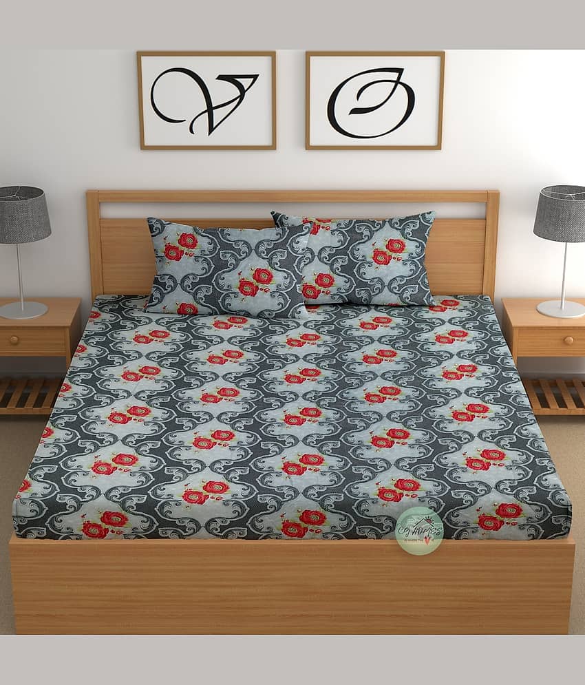 CG HOMES Cotton Floral Fitted 1 Bedsheet with 2 Pillow Covers ( Double Bed ) - Gray view 2
