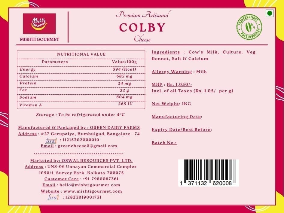 Mishti Gourmet Colby Cheese 1kg view 2