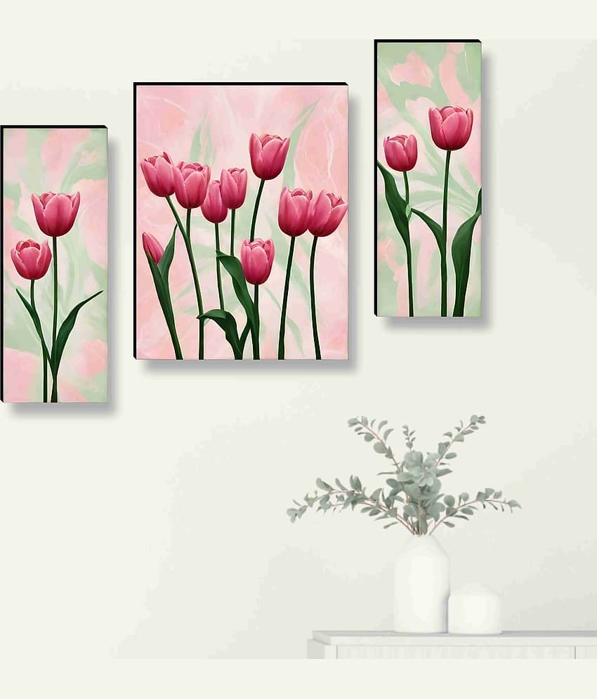 Livin'luxe Pink Tulip Flower Wall Art – 3 Panel Botanical Painting with Soft Pastel Background for Bedroom, Living Room & Nature Décor 12 Inch x 20 Inch view 2