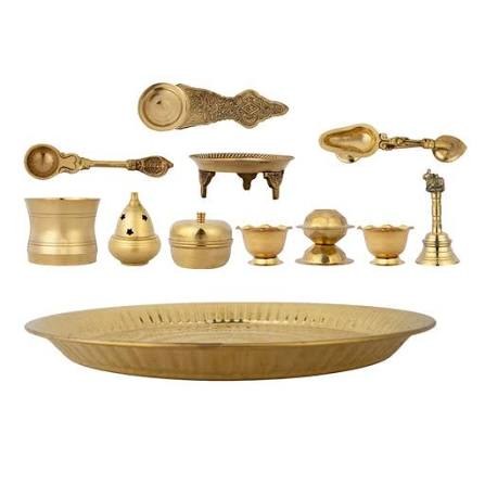 Golden Pooja Thali Set - Traditional Religious Ritual Essentials