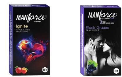 MANFORCE Ignite Apple-peach Flavoured Extra Dotted Box Condoms - 10 Pieces & 3 in 1 (Ribbed Contour Dotted) Wild Black Grapes Flavoured Condoms- 10 Pieces Condom (Set of 2 20 Sheets) view 2