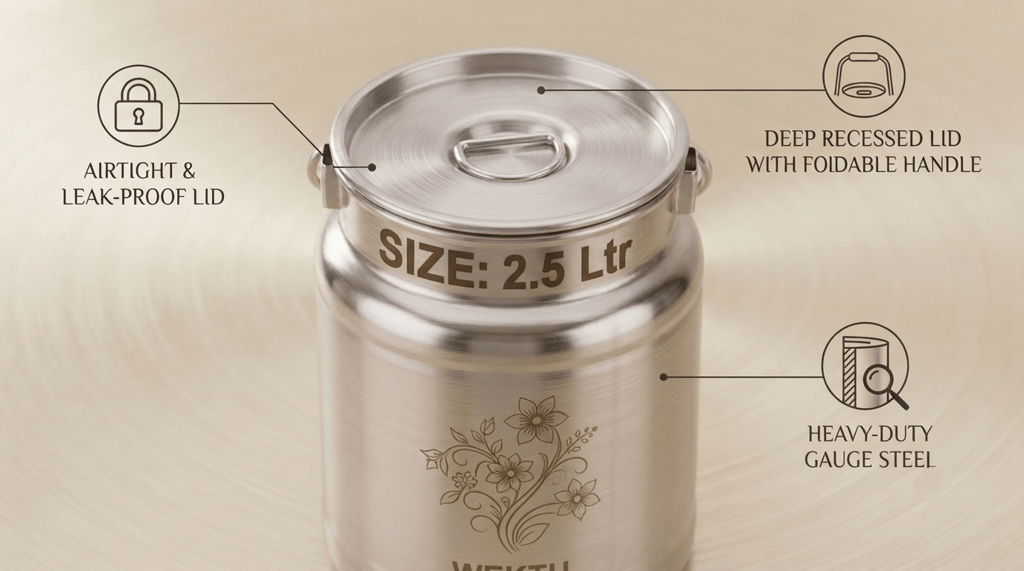WEKTU Premium Stainless Steel Barni Dolu with Airtight Leak-Proof Lid & Foldable Handle | Heavy Duty Mirror Finish Metal Milk Can & Kitchen Storage Container | Available in Multiple Sizes (1L, 1.5L, 2L, 2.5L, 3L, 4L, 5L) view 2