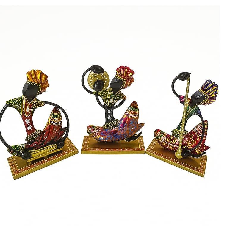 Decorative Metal Musicians Figurine Set, Traditional Rajasthani Hand-Painted Iron Showpieces, Artistic Home Decor Statues, 45x20 cm, Set of 3 view 2