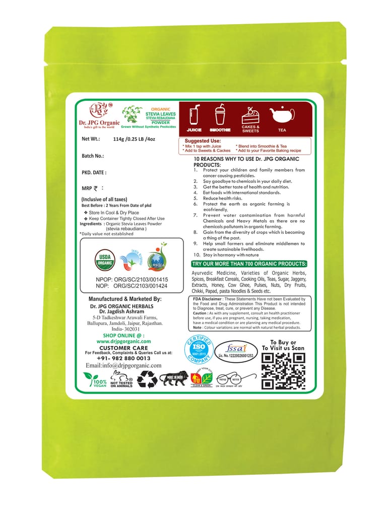 Dr. JPG Organic Herbals Stevia Leaves Powder | India Organic Certified | 114g Pack of 2 view 2