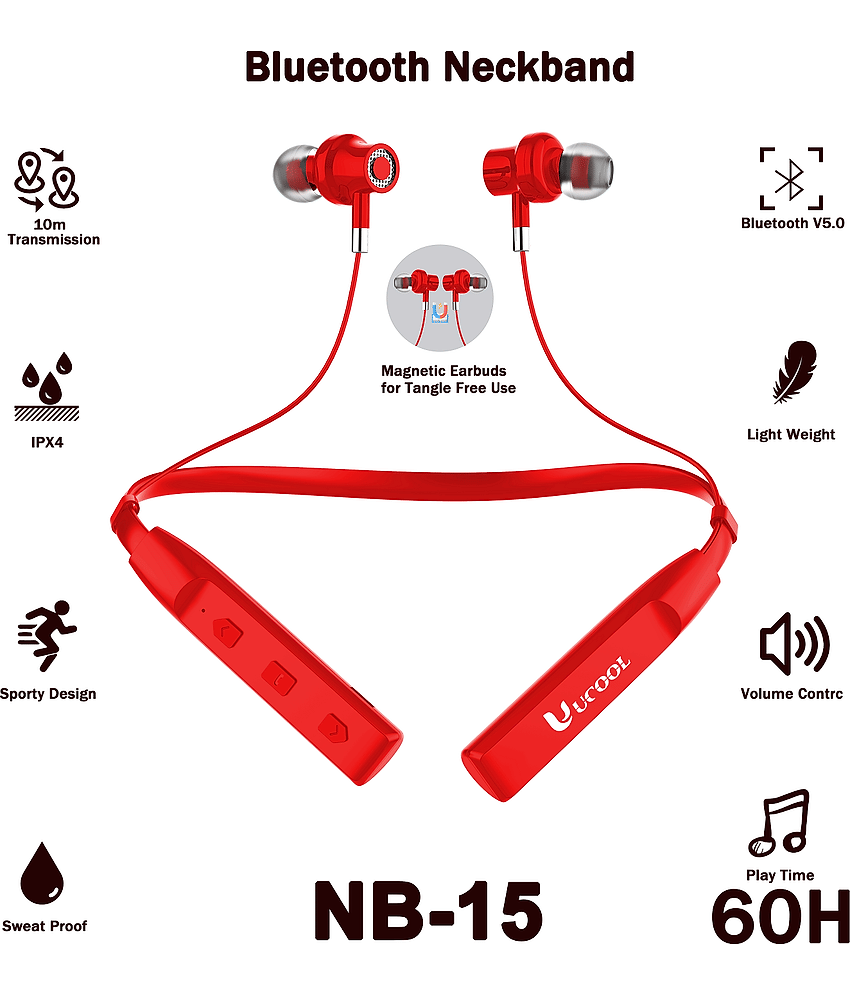 60 Hours Red Playtime Bluetooth Wireless Neckband headphones Earphone view 2