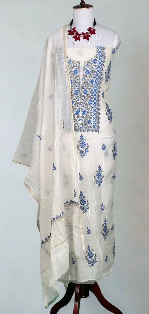 Chikankari Mul Chanderi Dress Material Ivory Royal Blue