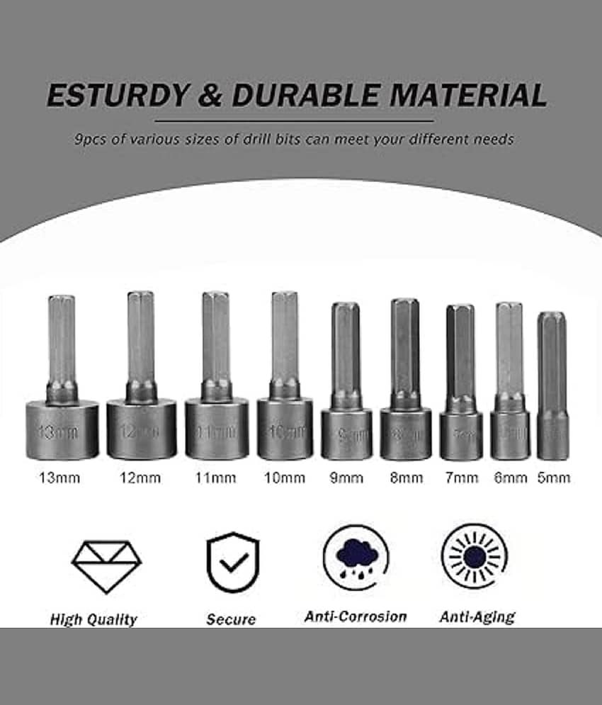 9pcs Nut Driver Drill Bit Set Socket Bit Chuck Adapter 1/4" Hex Shank 5-13mm Metric Socket Strong Sleeve Wrench Screw Power Drill Adapter Tool for Screws Hook view 2