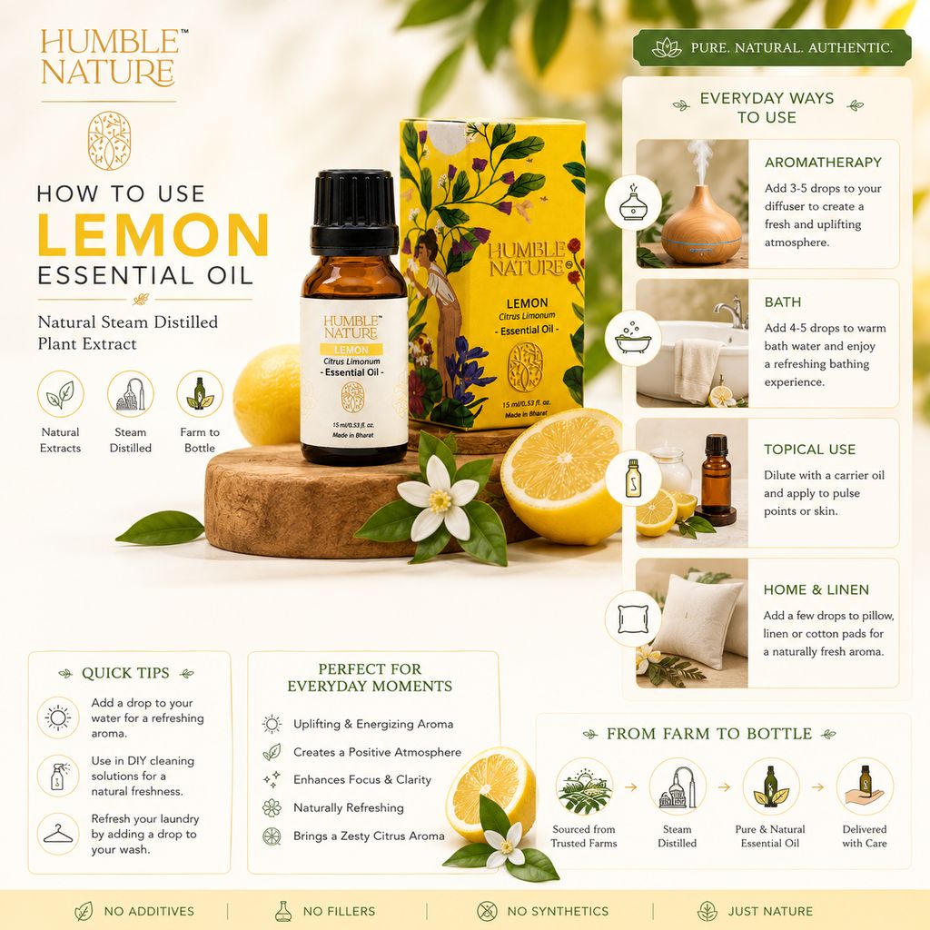 Humble Nature Lemon Essential Oil – Natural Steam Distilled Citrus Limonum Essential Oil | Premium Aromatherapy, Diffuser, Massage, DIY Skincare, Hair Care & Home Fragrance | 15 ml view 2