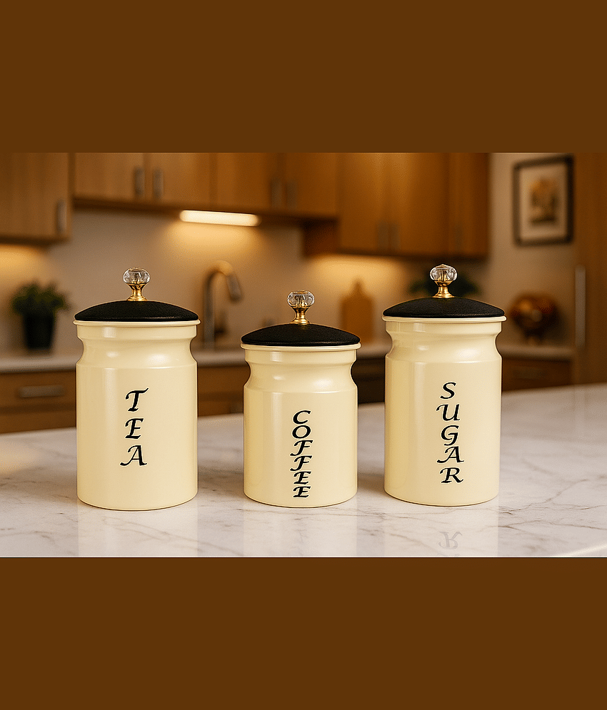R.R.V. International Metal Tea Set Tray Steel Ivory Tea/Coffee/Sugar Container ( Set of 4 ) view 2