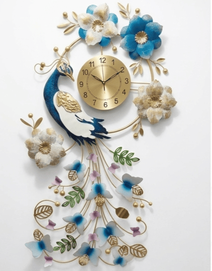 Peacock Wall Art with Clock for Living Room | Floral Decorative Wall Hanging view 2