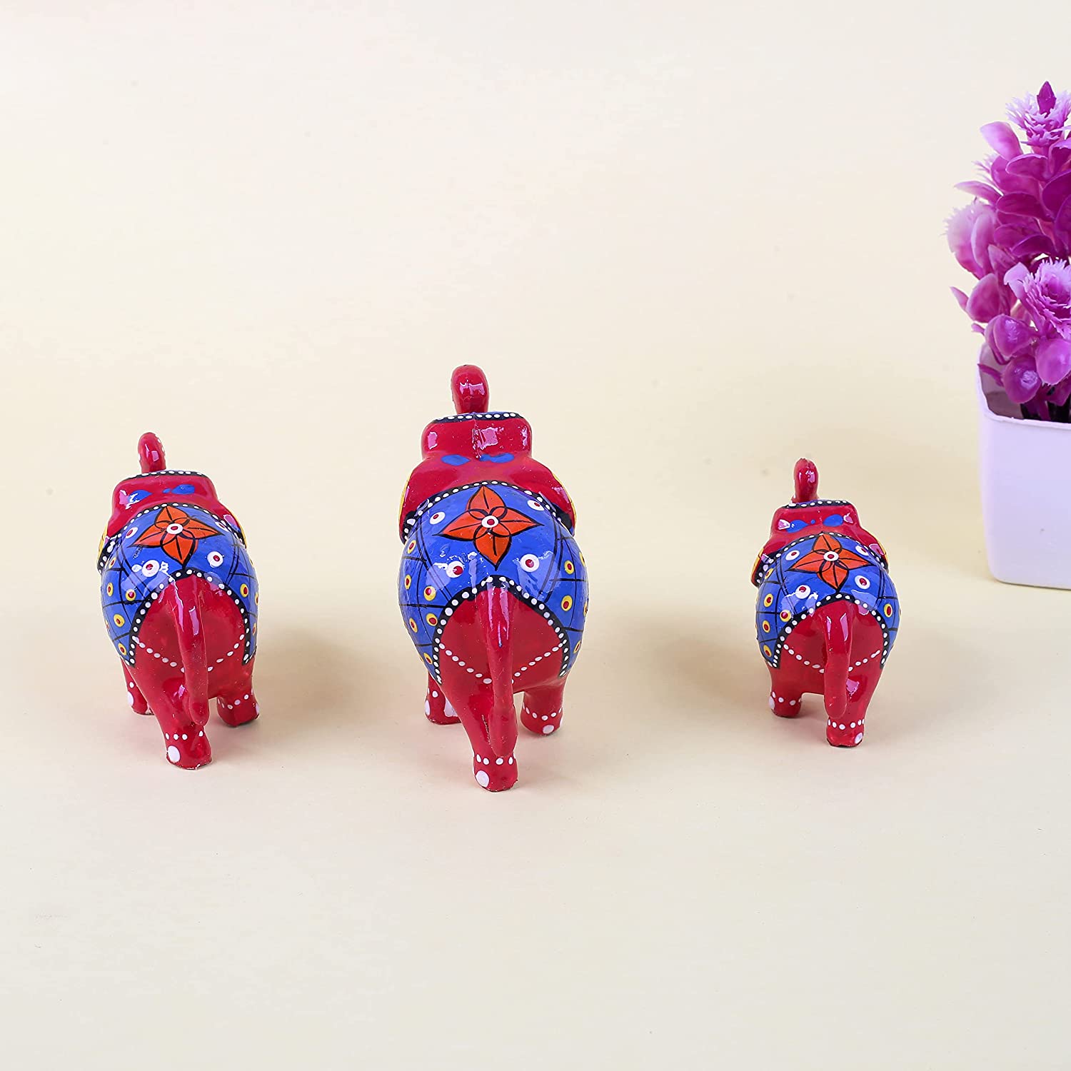 DreamKraft Paper Mache Elephant Showpiece, Standard, Red, 3 Piece view 2