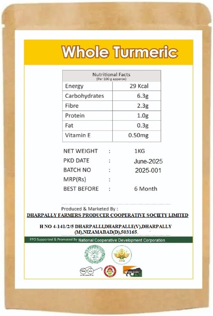 DHARPALLY FPO Premium 100% Natural Whole Turmeric Roots/Haldi - 1 KG view 2