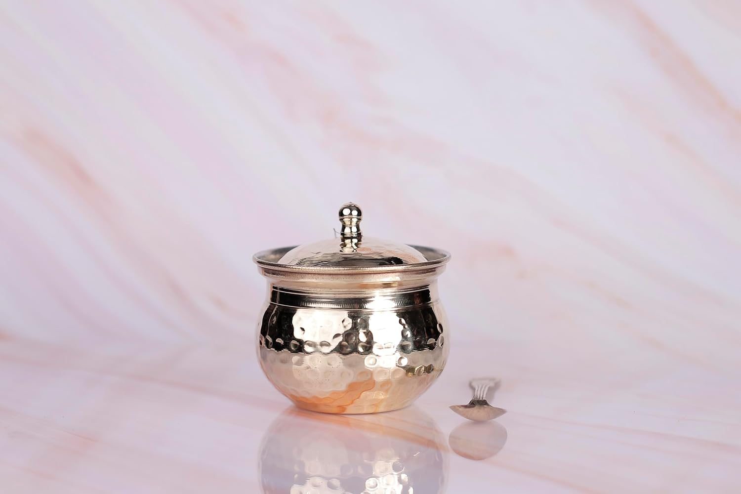 Aatm Pure Brass Ghee Pot with Lid and Embossed Spoon - 3 x 3.4 Inch - Traditional Brass Jar for Ghee, Oil and Pickle Storage view 2