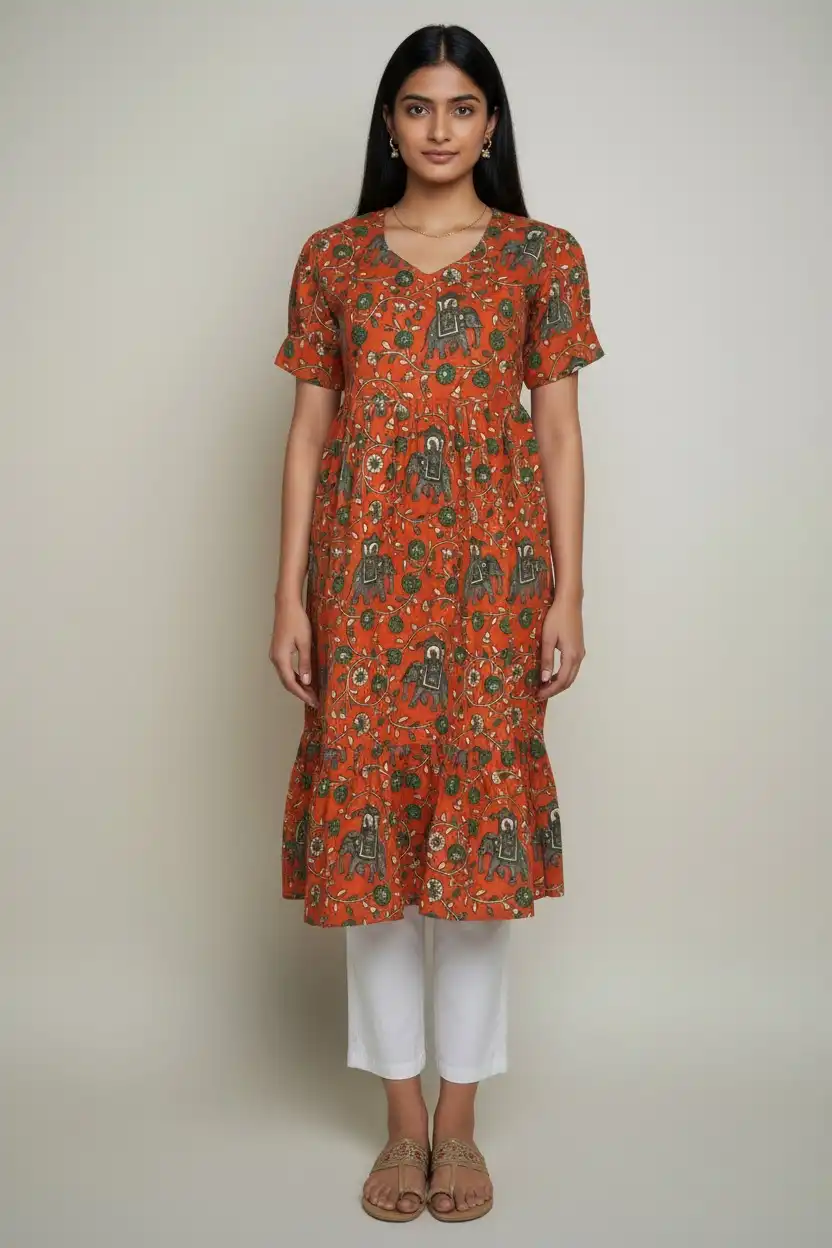 Pedana Kalamkari Screen-Print Cotton Dress in Orange