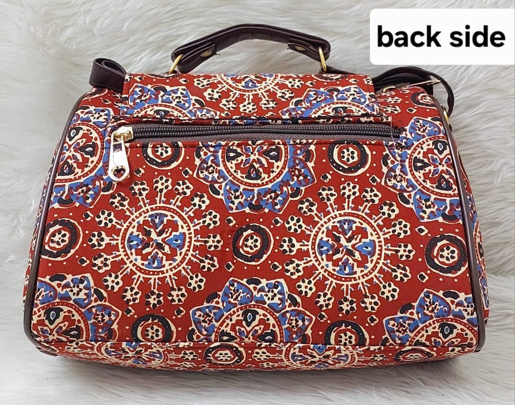 Red and Blue Hand Embroidered Cotton Sling Bag with Leather Handles view 2