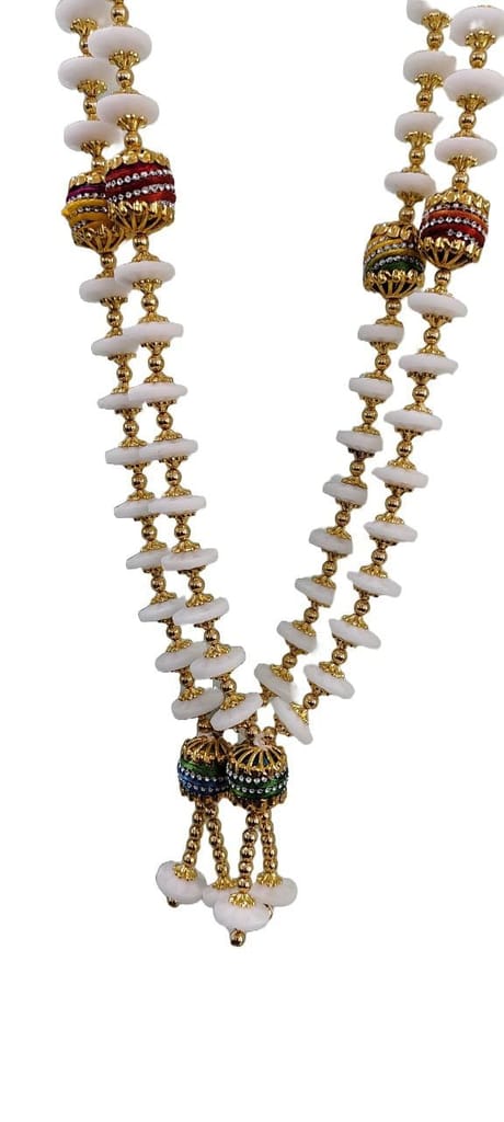 White round beads haar mala with golden beads and multi-color borlas view 2
