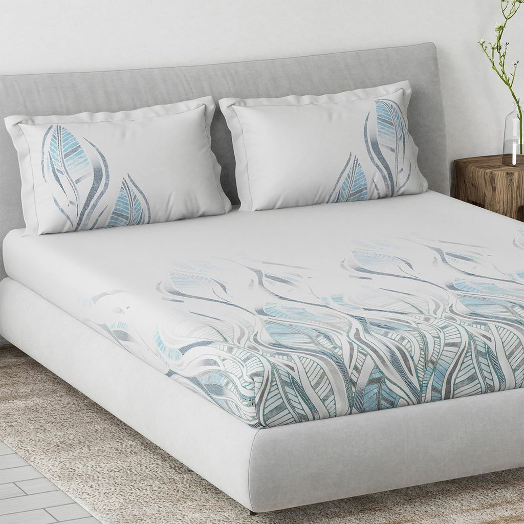 DDECOR - Primary Collection 100% Cotton Leaves Pattern 145TC King Fitted Sheet|180 CM X 198 CM| - Blue view 2