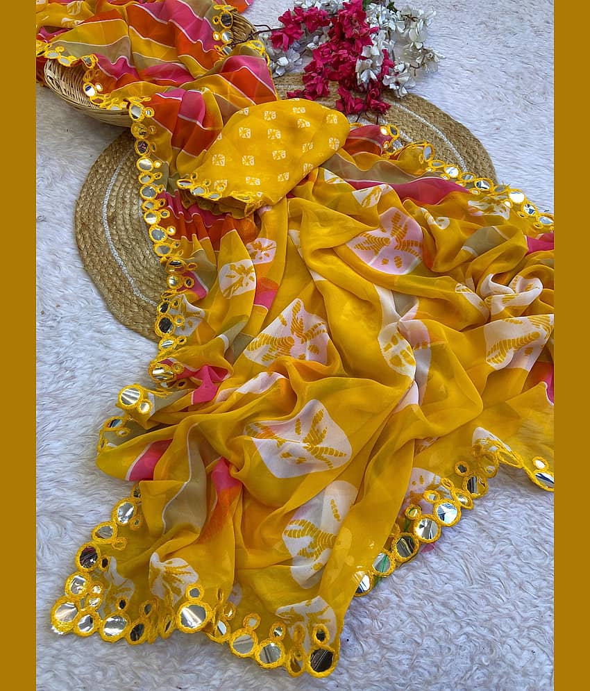 Varni Fabrics Georgette Printed Bandhani Sarees With Unstitched Blouse Piece ( Yellow )