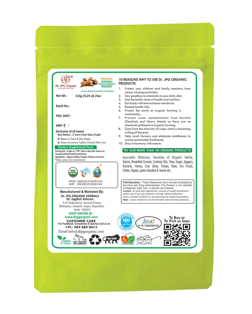 Dr JPG Organic Herbals Gokhru Powder-228g / Gokshura powder/Tribulus Terrestris-INDIA ORGANIC Certified / 114g X 2PC=228g view 2