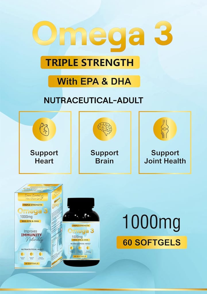 Triple Strength Omega 3 Fish Oil Supplement, 1000mg with EPA & DHA, 60 Softgels, Immunity Support view 2
