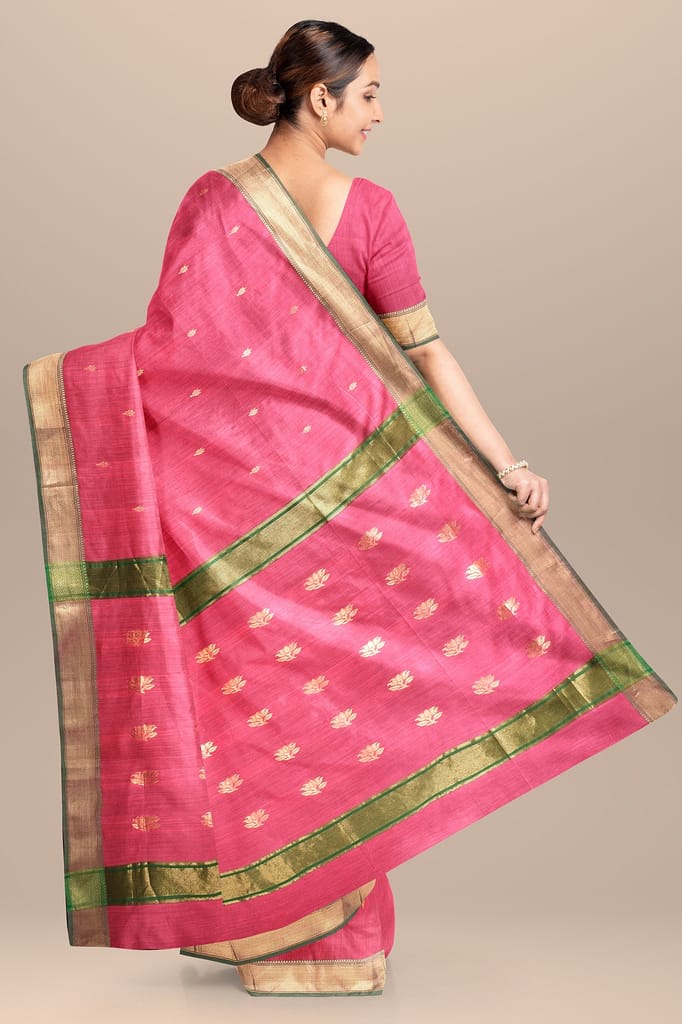 Punch Pink Titli Buti Handwoven Maheshwari Silk with Zari Border and Buta Palla Saree SKU-BS10124 view 2