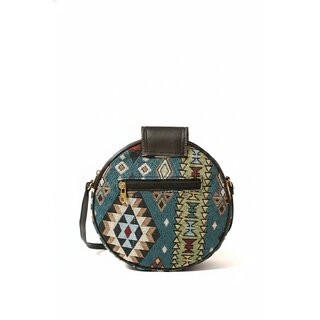 Teal Tribal Round Tapestry Sling Bag view 2