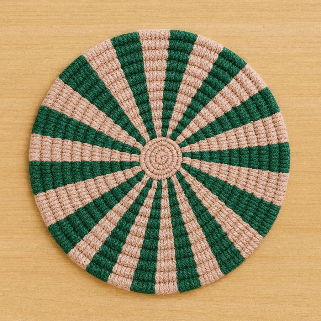 Handwoven Green & Beige Round Decorative Coaster view 2