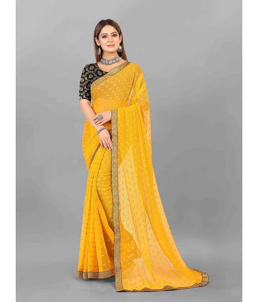 Aardiva Chiffon Printed Saree With Unstitched Blouse Piece ( Yellow )