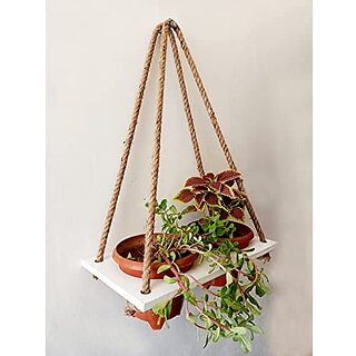 Khush Its Amazing Wood Hanging Planter Shelf Plant Hanger Decorative Flower Pot Rack with Rope Home Decor Hanging Planter ( 2 Pot White Planter) view 2