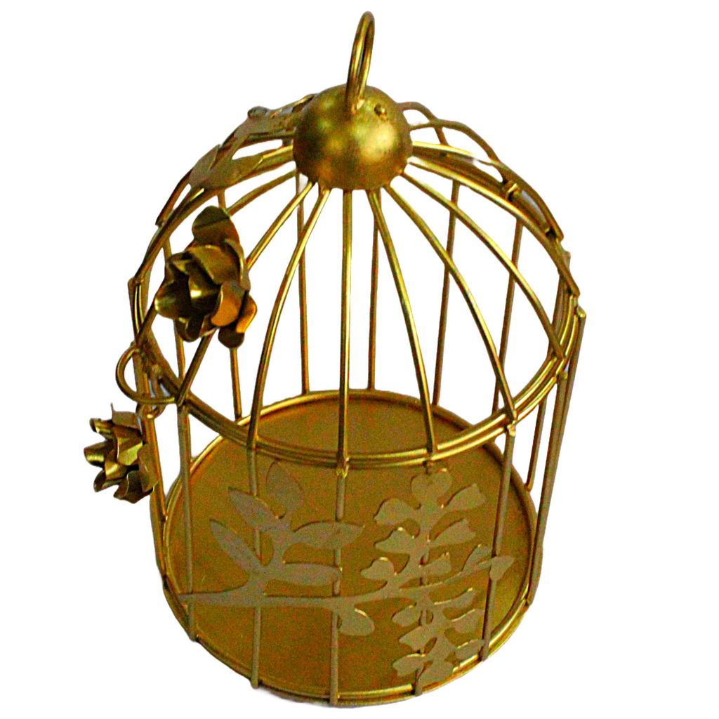 Brass Gallery India Modern Style Iron Decorative Bird Cage with Hanging Chain, Cork String Light Tabletop or Hanging Tealight Holder Candle Holder (Small Golden) view 2