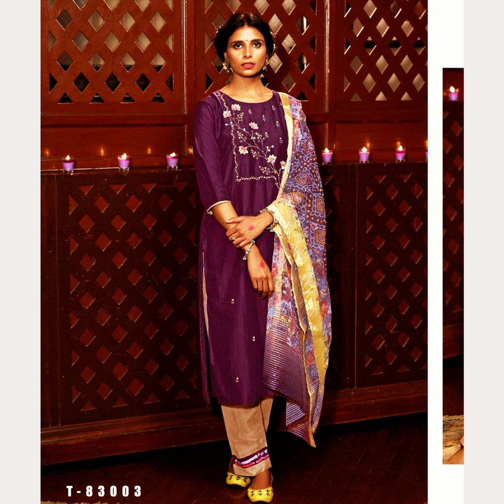 TALK BY FASHION Women Silk Embroidered Kurta with Pants & Dupatta
