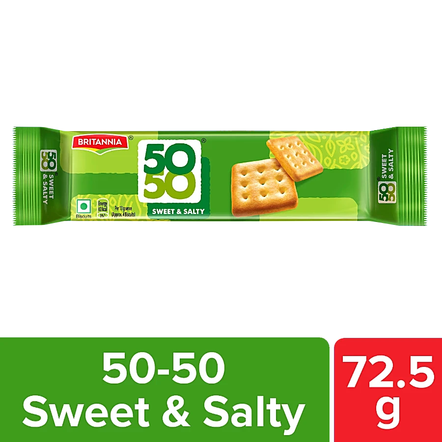 Britannia 50-50 Sweet & Salty Biscuit - Light, Crispy, Ready To Eat, 72.5 G