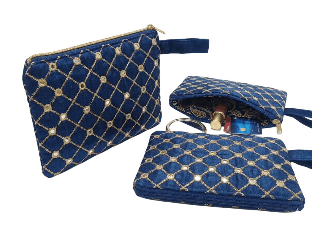 Elegant Blue Velvet Clutch Pouch with Pearl Embellishments view 2