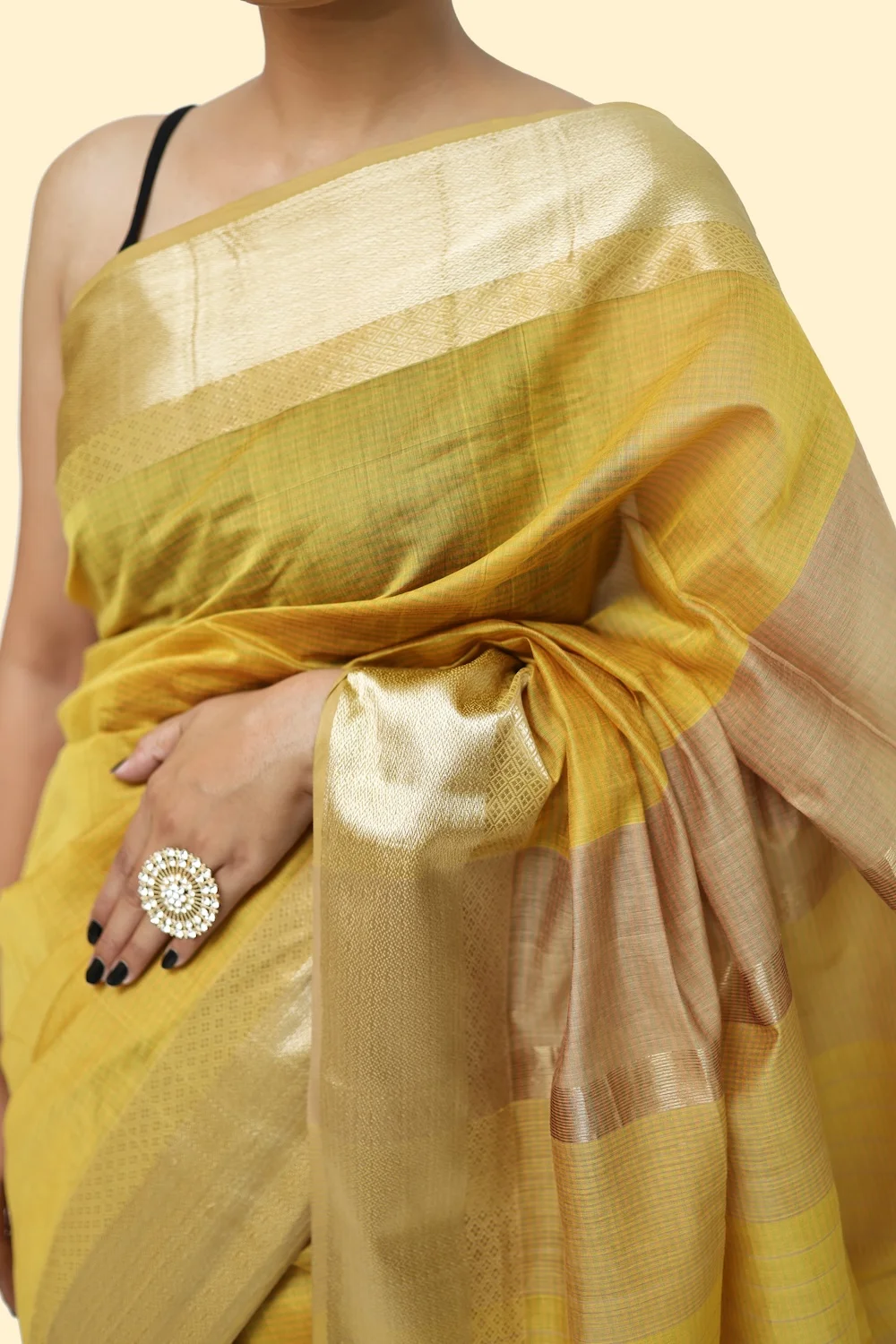 Royal Gold Yellow handwoven Resham Border Saree with Tassels view 2