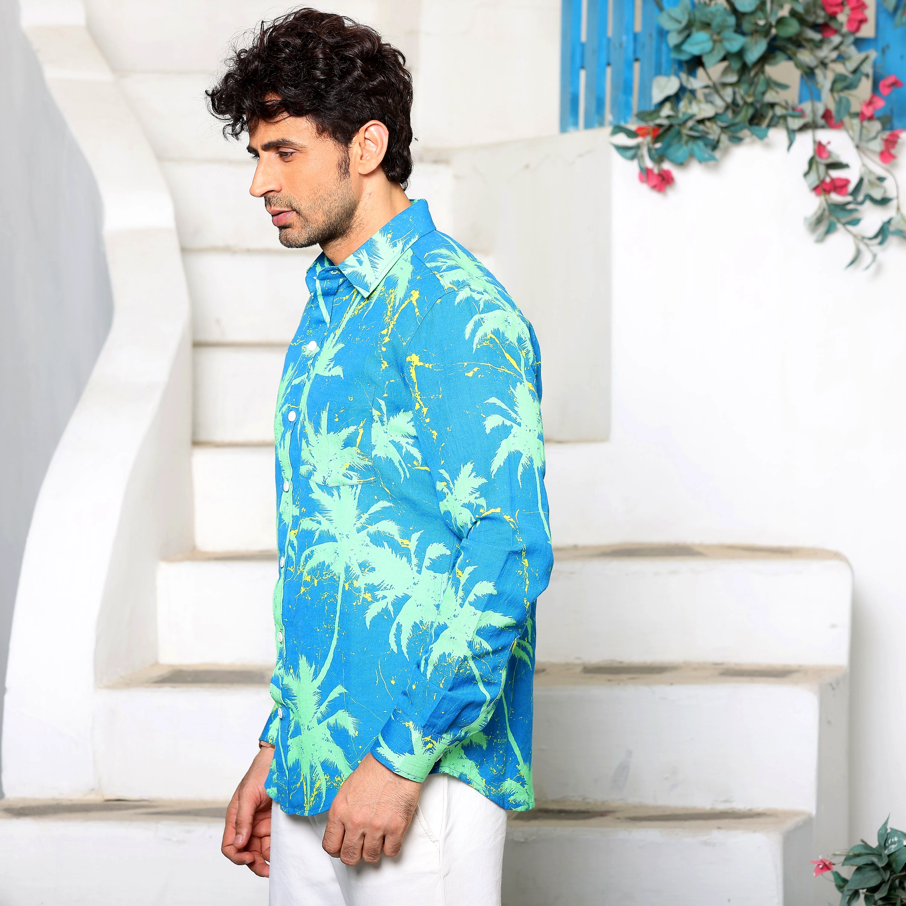 Coconut Tree French Blue Casual Pure Linen Full Shirt (Size - XXL) by BLUE EAGLE view 2