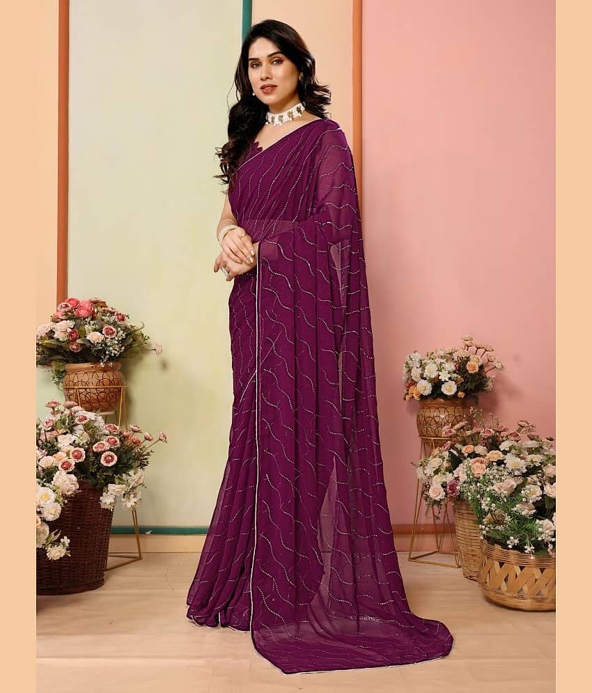 BLEESBURY Georgette Embellished Saree With Unstitched Blouse Piece ( Purple ) view 2