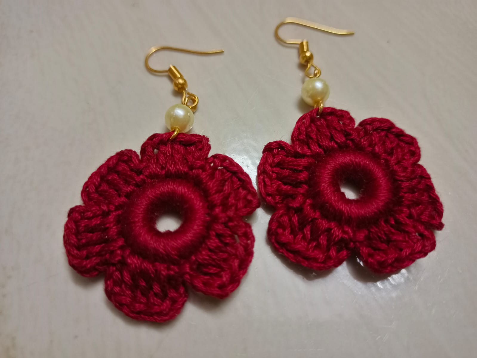 Handmade Crochet Flower Earrings - Boho Red Floral Jewelry view 2