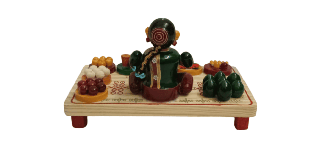 Wooden Indian Lady Sitting on a Platform with Fruits and Vegetables(Pellikuturu set) view 2